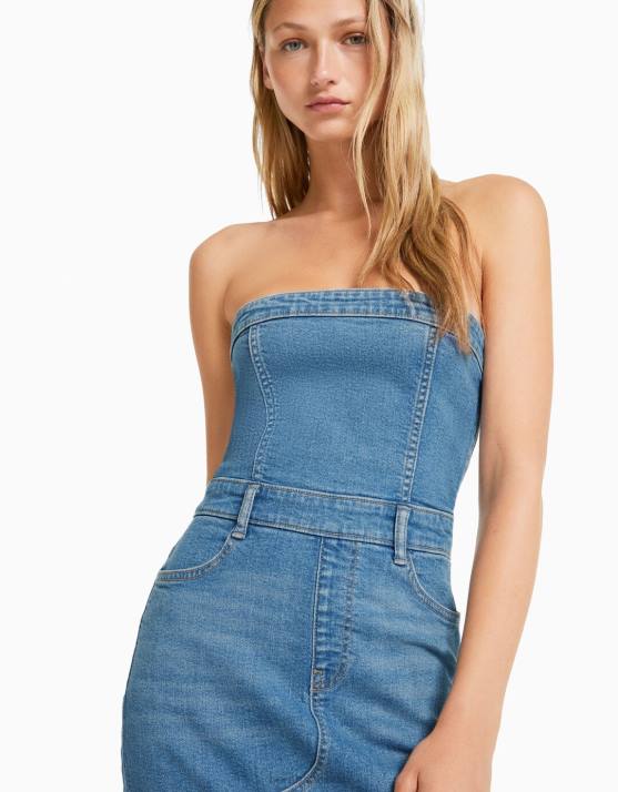 hellblau Bershka Frauen Langes Bandeau-Jeanskleid H00J1946