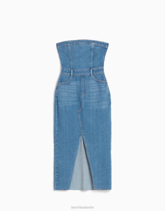 hellblau Bershka Frauen Langes Bandeau-Jeanskleid H00J1946