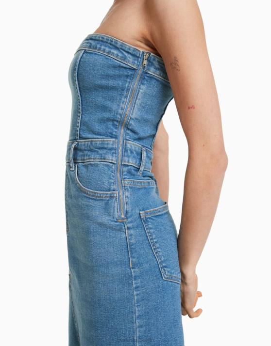 hellblau Bershka Frauen Langes Bandeau-Jeanskleid H00J1960