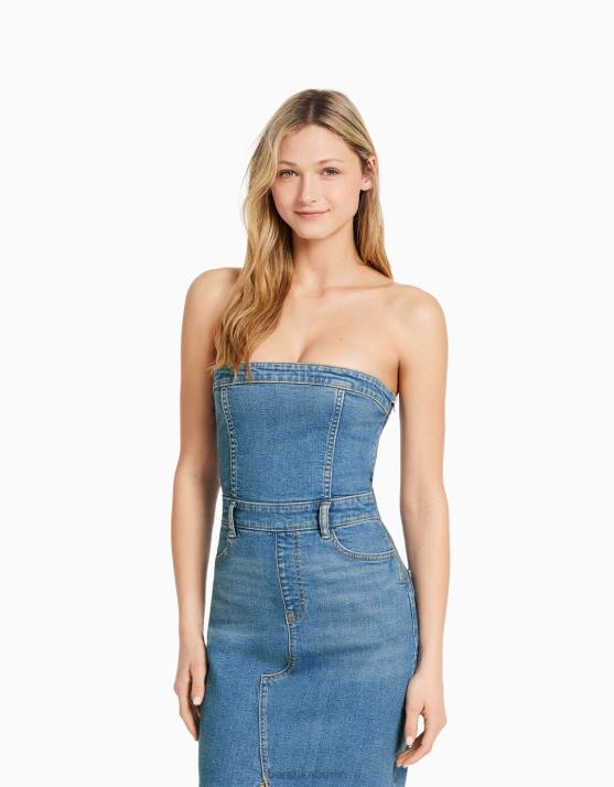 hellblau Bershka Frauen Langes Bandeau-Jeanskleid H00J1962