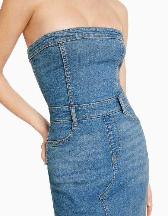 hellblau Bershka Frauen Langes Bandeau-Jeanskleid H00J1962