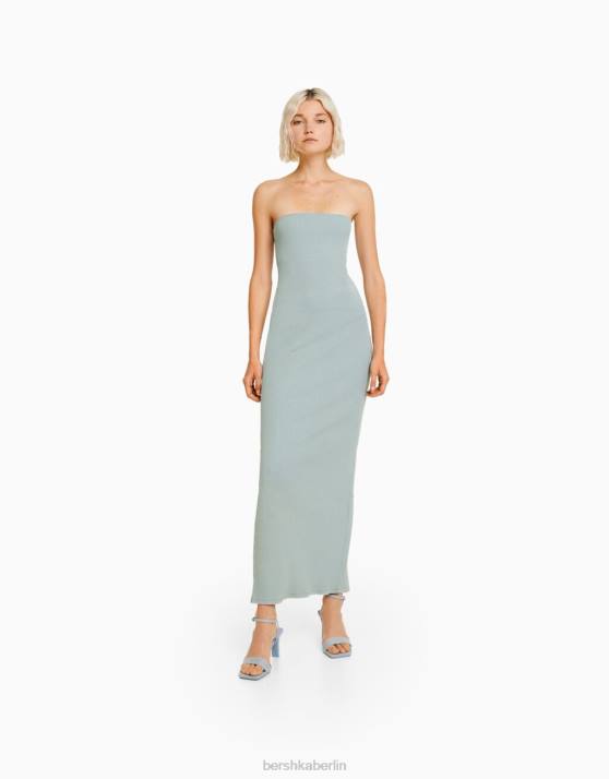 hellblau Bershka Frauen Langes Bandeau-Rippenkleid mit Wascheffekt H00J1828