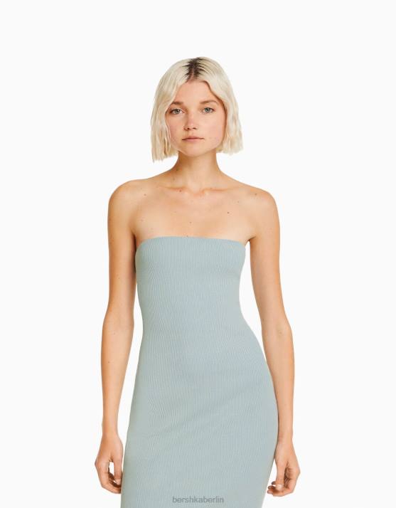 hellblau Bershka Frauen Langes Bandeau-Rippenkleid mit Wascheffekt H00J44