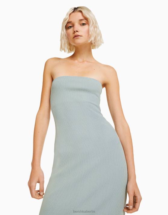 hellblau Bershka Frauen Langes Bandeau-Rippenkleid mit Wascheffekt H00J44