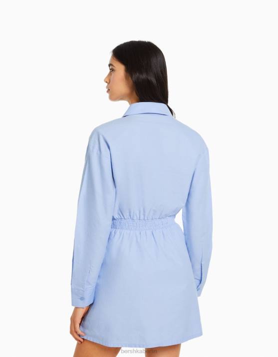 hellblau Bershka Frauen Mini-Hemdkleid mit langen Ärmeln und Crossover-Detail H00J111