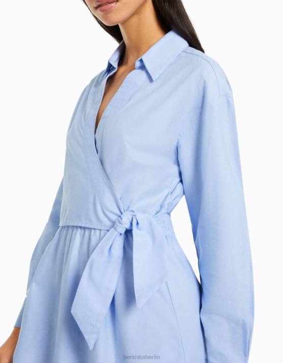 hellblau Bershka Frauen Mini-Hemdkleid mit langen Ärmeln und Crossover-Detail H00J111