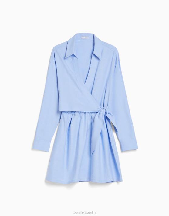 hellblau Bershka Frauen Mini-Hemdkleid mit langen Ärmeln und Crossover-Detail H00J111