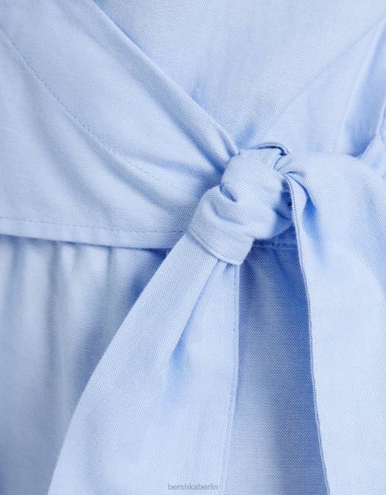 hellblau Bershka Frauen Mini-Hemdkleid mit langen Ärmeln und Crossover-Detail H00J111