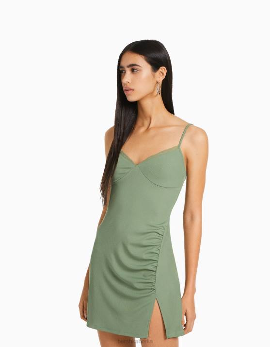 khaki Bershka Frauen Minikleid mit Spitzendetail H00J115