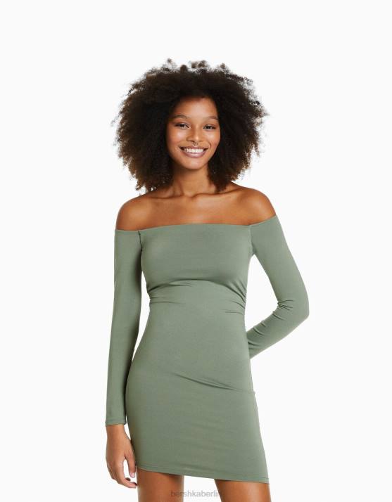 khaki Bershka Frauen langärmliges Minikleid H00J91