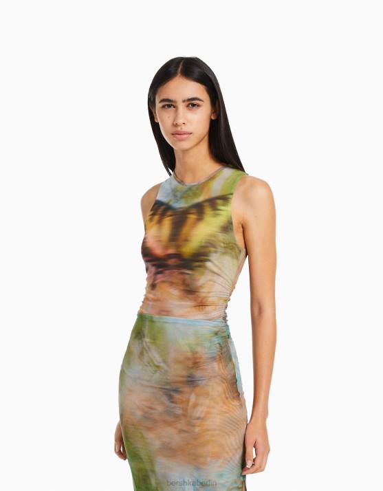 khaki Bershka Frauen Ärmelloses Midikleid aus bedrucktem Tüll H00J87