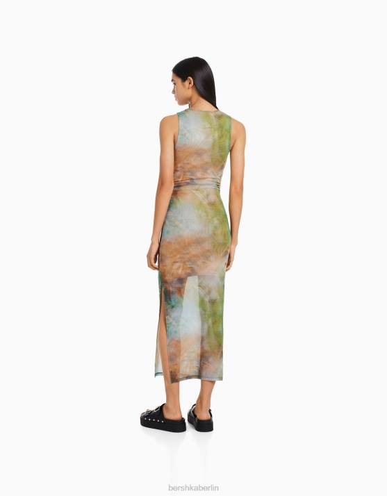 khaki Bershka Frauen Ärmelloses Midikleid aus bedrucktem Tüll H00J87