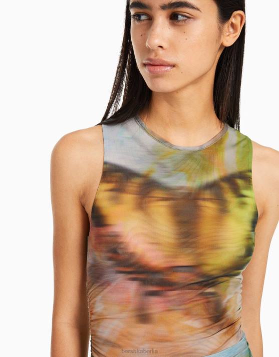 khaki Bershka Frauen Ärmelloses Midikleid aus bedrucktem Tüll H00J87