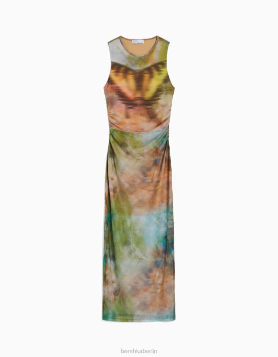 khaki Bershka Frauen Ärmelloses Midikleid aus bedrucktem Tüll H00J87