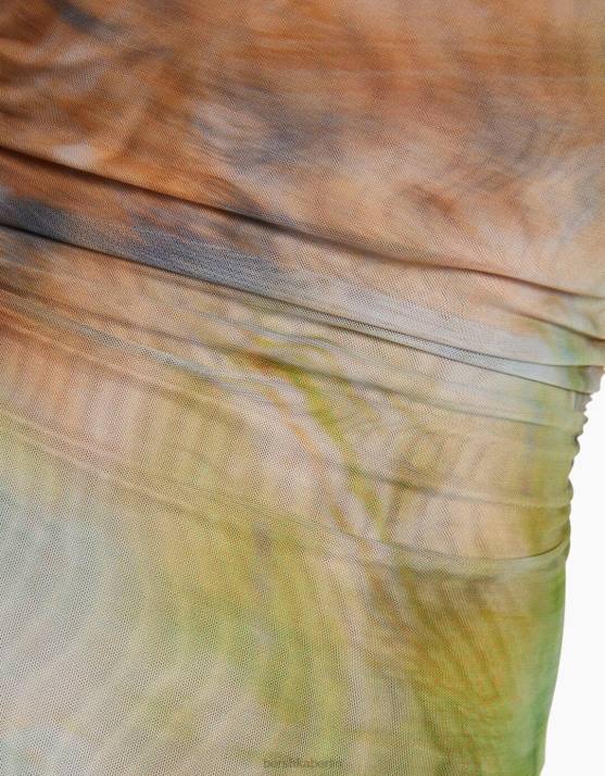 khaki Bershka Frauen Ärmelloses Midikleid aus bedrucktem Tüll H00J87