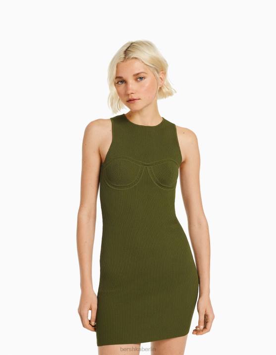 khaki Bershka Frauen ärmelloses Minikleid aus offenem Strick H00J166