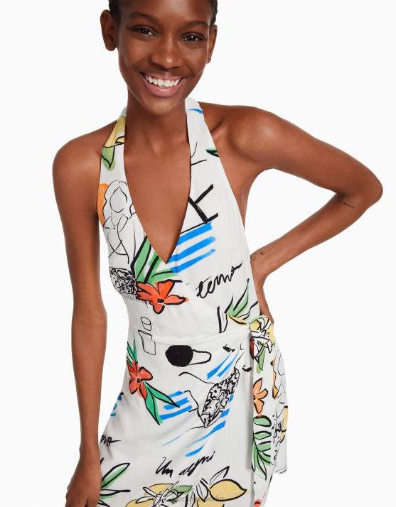 mehrfarbig Bershka Frauen Bedrucktes Neckholder-Minikleid mit Krawatte H00J161