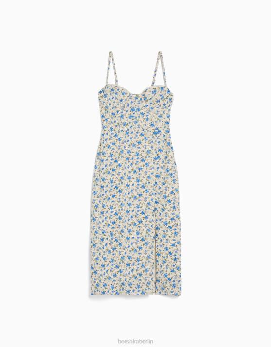 mehrfarbig Bershka Frauen Midikleid mit Blumendruck, Trägern und Schnürung am Rücken H00J179