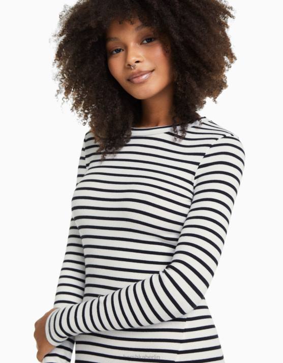 nicht-gerade weiss Bershka Frauen Geripptes Minikleid mit langen Ärmeln H00J235