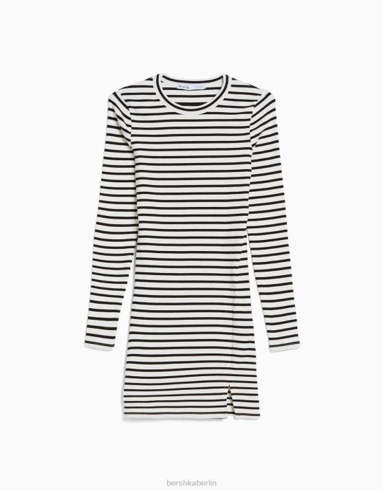 nicht-gerade weiss Bershka Frauen Geripptes Minikleid mit langen Ärmeln H00J235