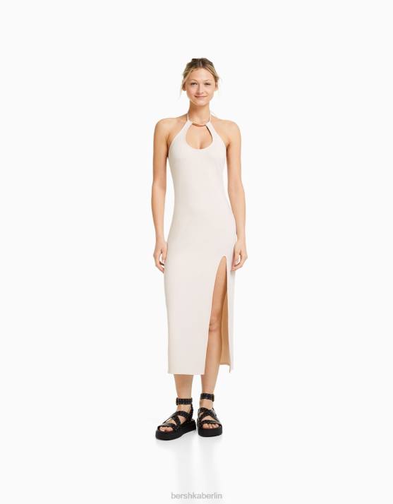 nicht-gerade weiss Bershka Frauen Tailliertes Midikleid mit Kragendetail H00J128