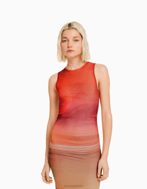 orange Bershka Frauen Ärmelloses Midikleid aus bedrucktem Tüll H00J86