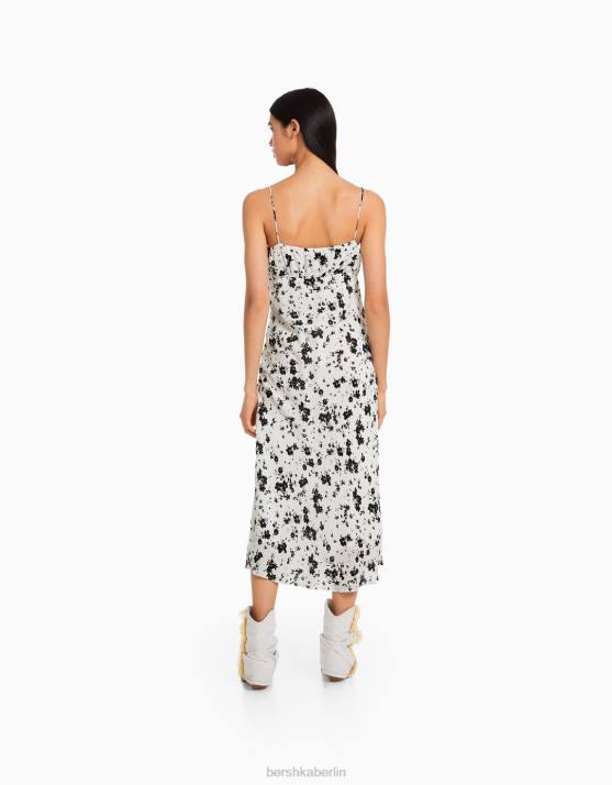 weiß schwarz Bershka Frauen Midikleid aus Crêpe mit Trägern H00J65