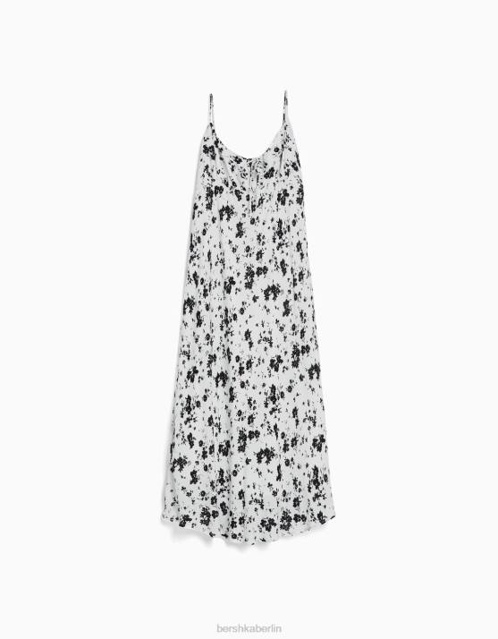 weiß schwarz Bershka Frauen Midikleid aus Crêpe mit Trägern H00J65