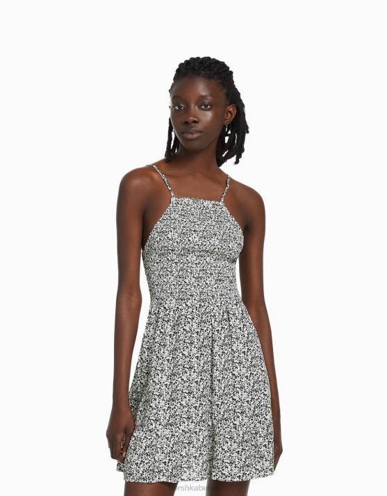 weiß schwarz Bershka Frauen Minikleid mit Neckholder-Print H00J269