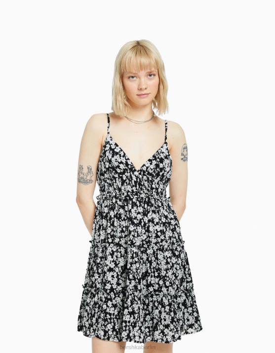 weiß schwarz Bershka Frauen Minikleid mit gerüschten Trägern H00J4089