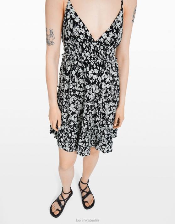 weiß schwarz Bershka Frauen Minikleid mit gerüschten Trägern H00J4089