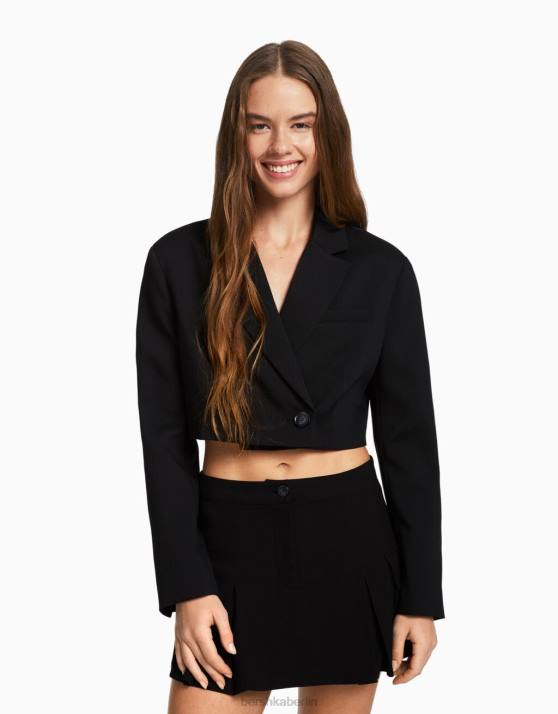 Schwarz Bershka Frauen Kurzer, maßgeschneiderter Twill-Blazer H00J2013