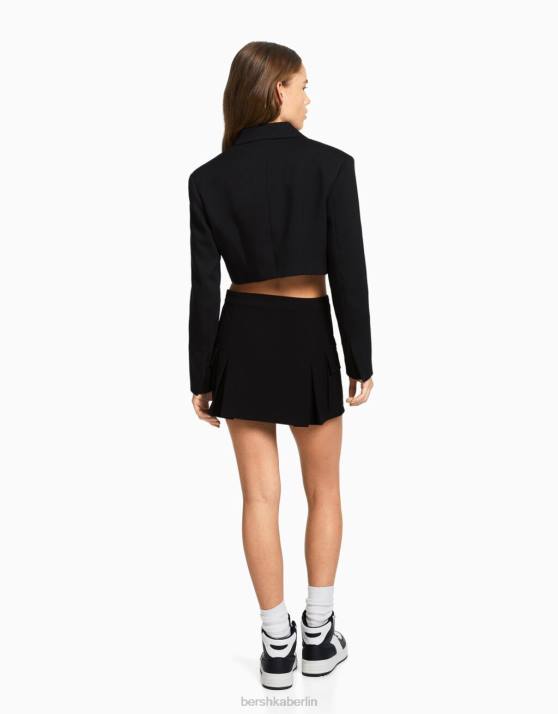 Schwarz Bershka Frauen Kurzer, maßgeschneiderter Twill-Blazer H00J2013