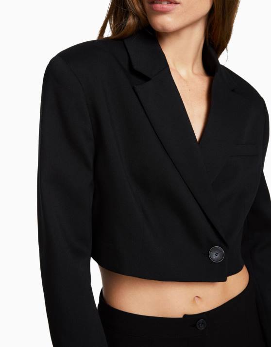 Schwarz Bershka Frauen Kurzer, maßgeschneiderter Twill-Blazer H00J2013