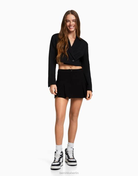Schwarz Bershka Frauen Kurzer, maßgeschneiderter Twill-Blazer H00J2013