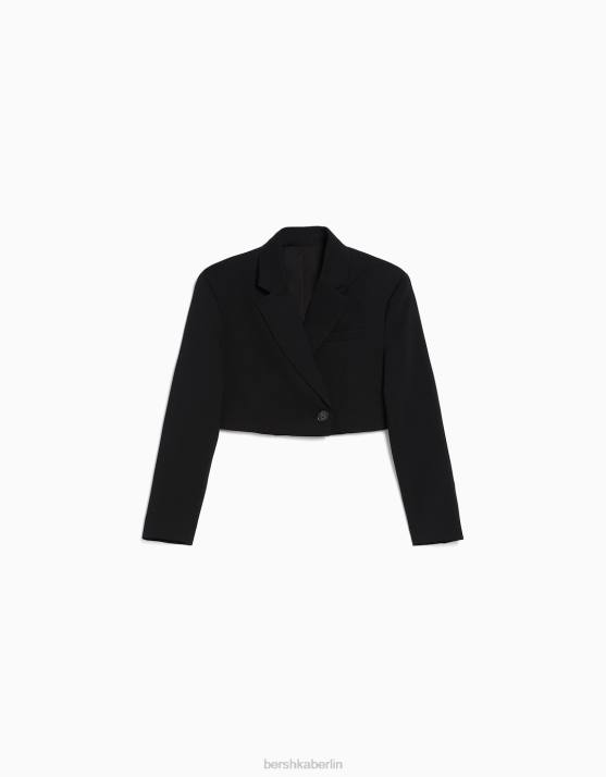 Schwarz Bershka Frauen Kurzer, maßgeschneiderter Twill-Blazer H00J2013