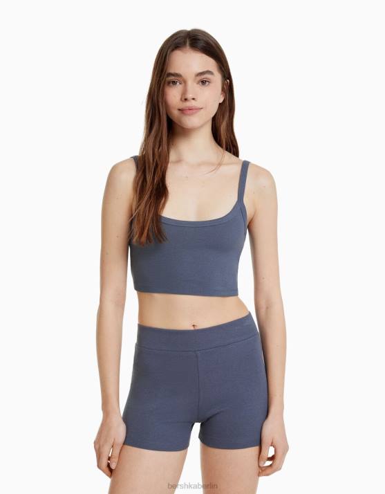 blau verwaschen Bershka Frauen Set aus Oberteil und Shorts H00J2055