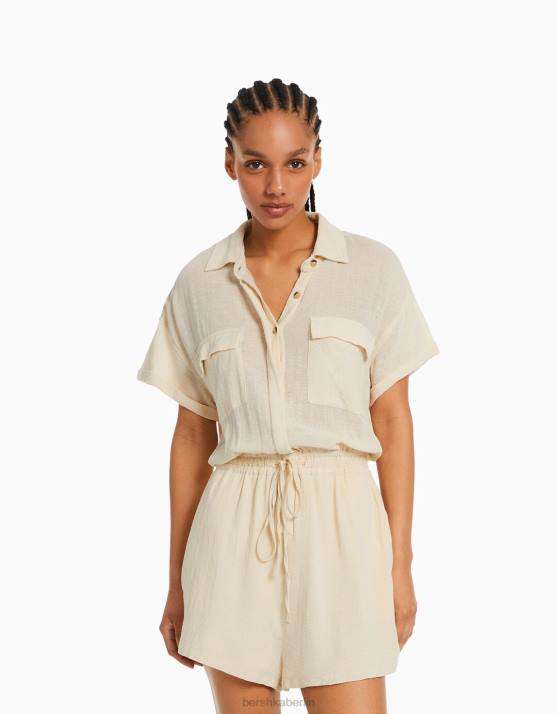 Beige Bershka Frauen Rustikaler Utility-Jumpsuit H00J105