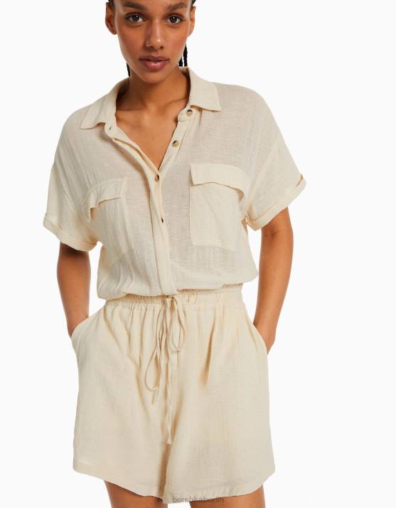 Beige Bershka Frauen Rustikaler Utility-Jumpsuit H00J105