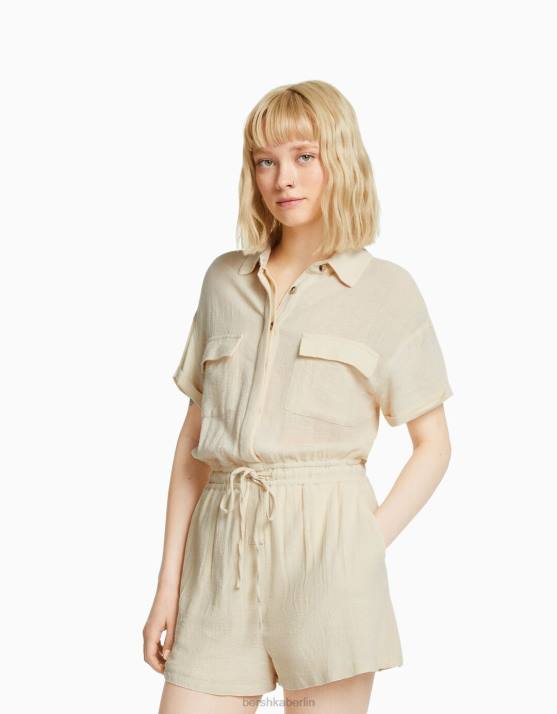 Beige Bershka Frauen Rustikaler Utility-Jumpsuit H00J4081