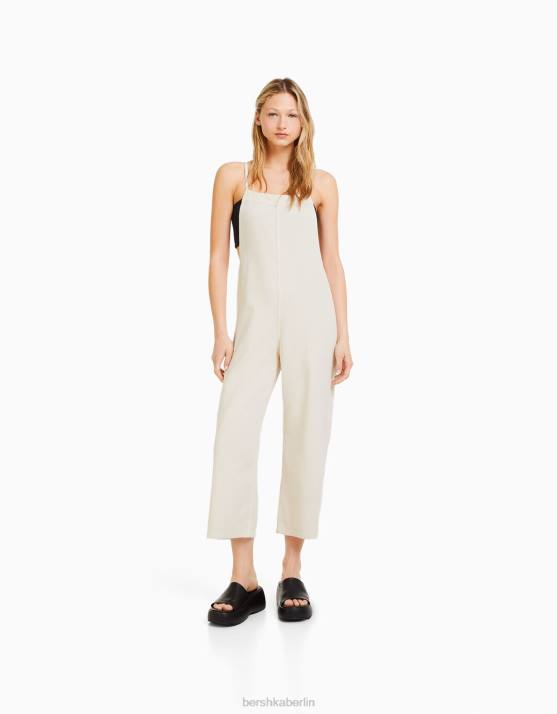 Creme Bershka Frauen Denim-Jumpsuit mit Trägern H00J85