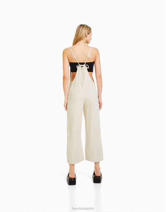 Creme Bershka Frauen Denim-Jumpsuit mit Trägern H00J85