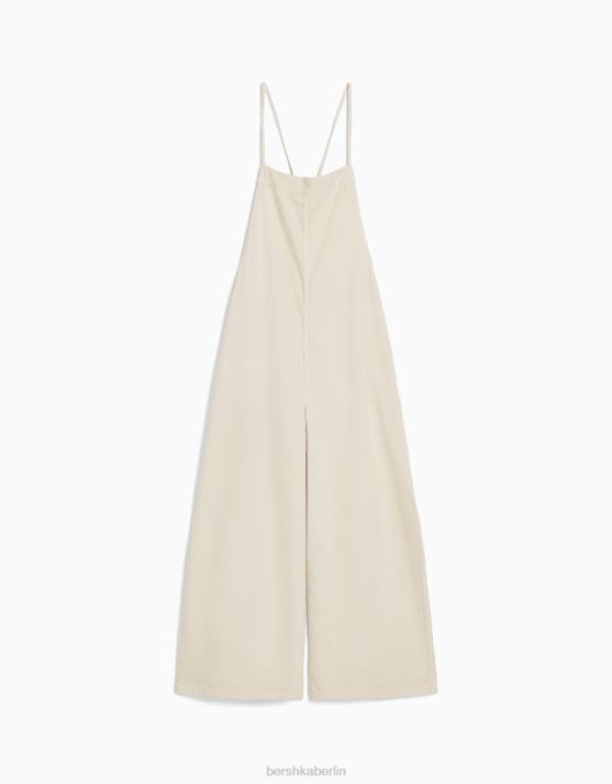 Creme Bershka Frauen Denim-Jumpsuit mit Trägern H00J85