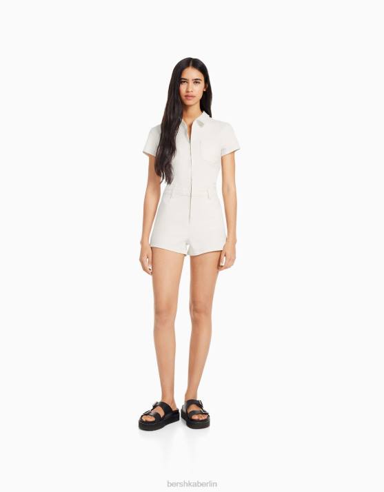 Creme Bershka Frauen Denim-Strampler mit Reißverschluss H00J30