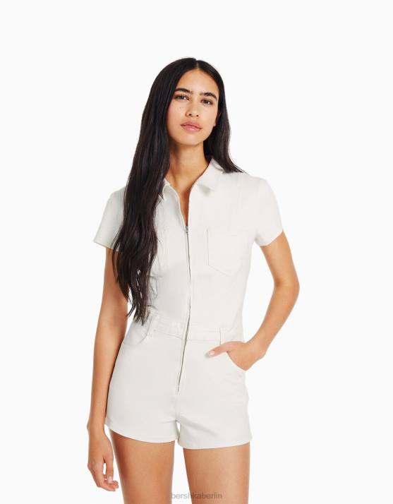 Creme Bershka Frauen Denim-Strampler mit Reißverschluss H00J30