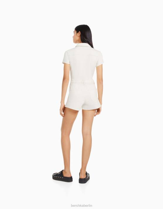 Creme Bershka Frauen Denim-Strampler mit Reißverschluss H00J30