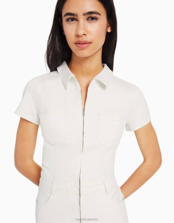 Creme Bershka Frauen Denim-Strampler mit Reißverschluss H00J30