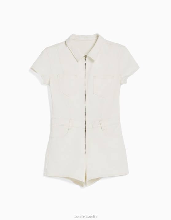 Creme Bershka Frauen Denim-Strampler mit Reißverschluss H00J30