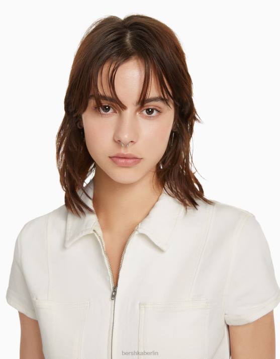 Creme Bershka Frauen Denim-Strampler mit Reißverschluss H00J4079