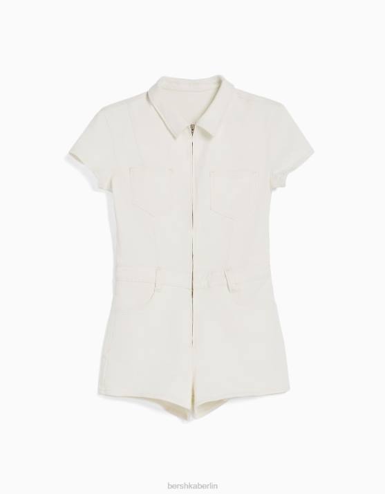 Creme Bershka Frauen Denim-Strampler mit Reißverschluss H00J4079